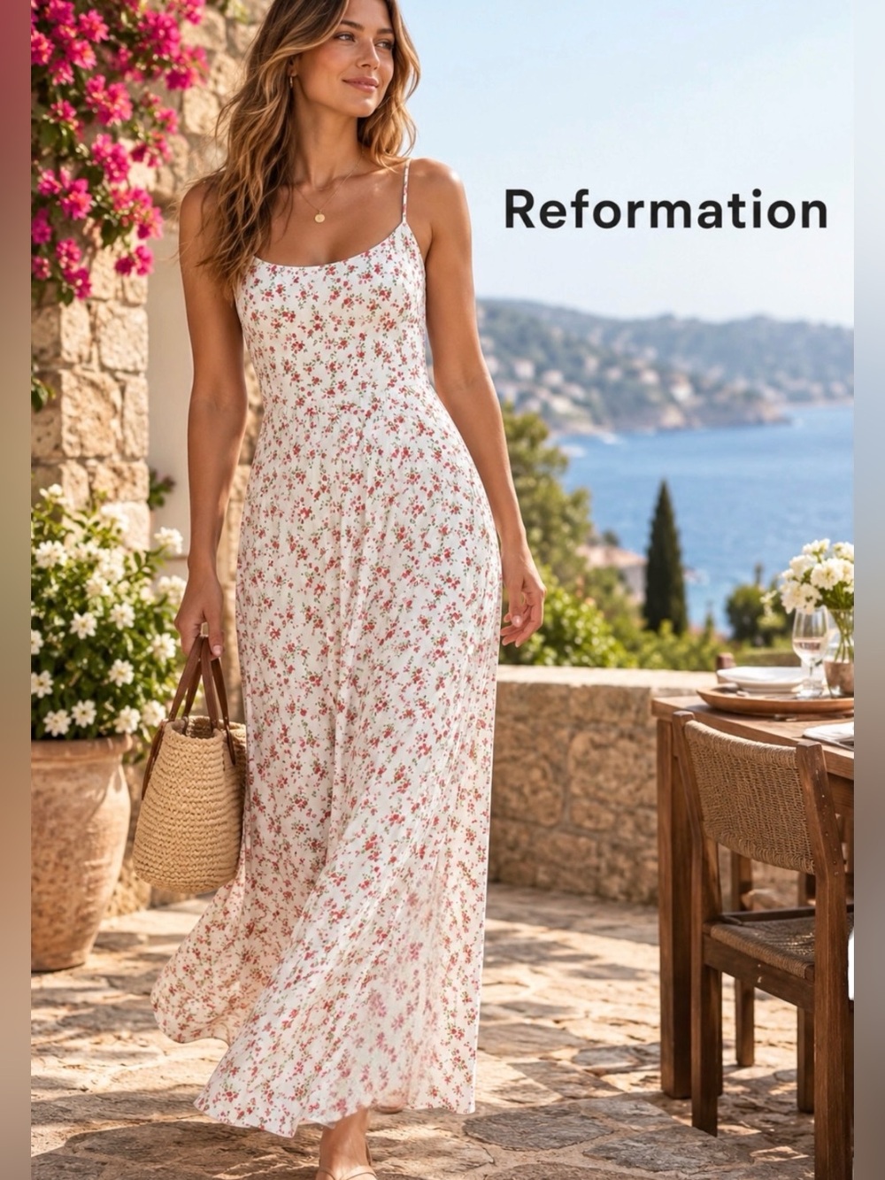 Reformation Floral Maxi Dress Women’s L Ivory Red Rose Spaghetti Strap